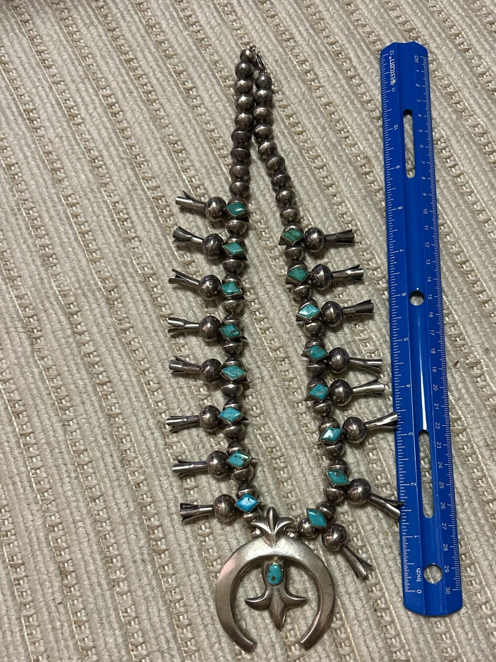Vintage unisex sterling silver turquoise squash blossoms necklace 24-25” - Picture 14 of 16